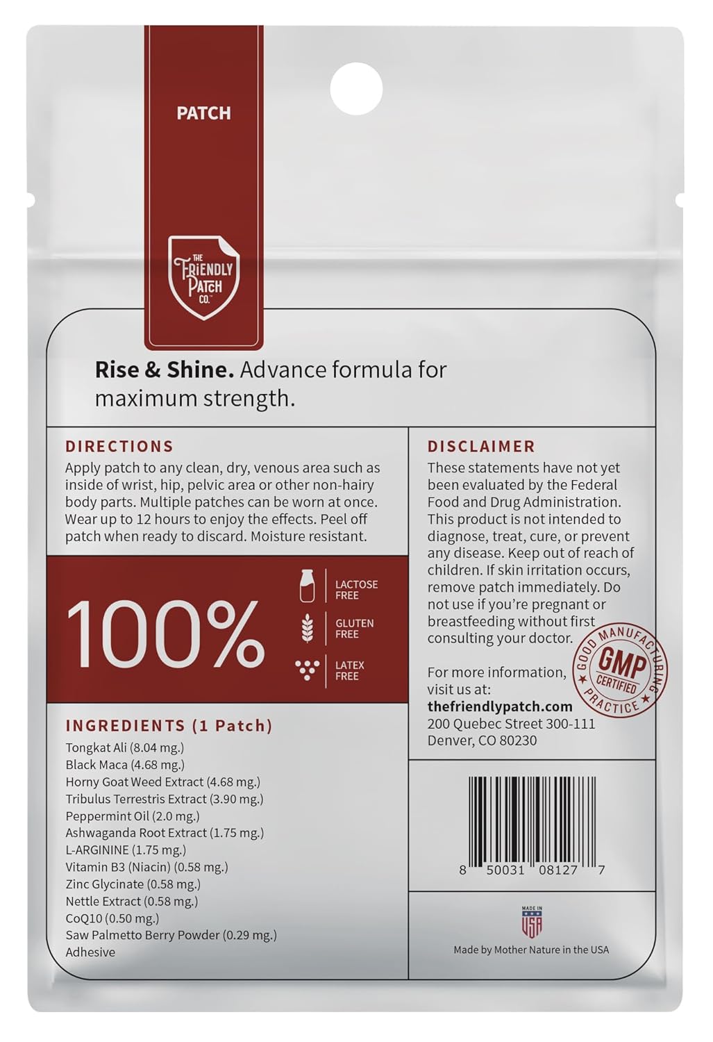 The Friendly Patch Rise & Shine: Stamina & Performance Patches with Tongkat Ali, Horny Goat Weed, Tribulus Terrestris, Black Maca - 8 Pack for Men & Women