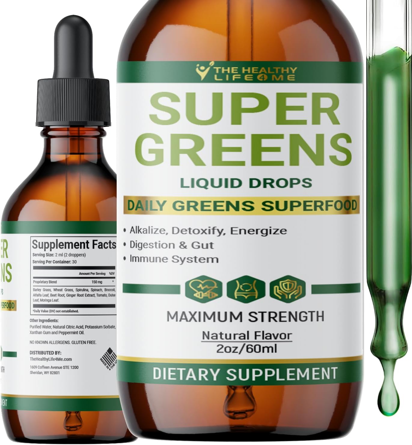 The Healthy Life 4 Me Liquid Super Greens Drops with Peppermint Flavor for Immune Support and Digestive Health - 2oz Bottle - 30 Servings