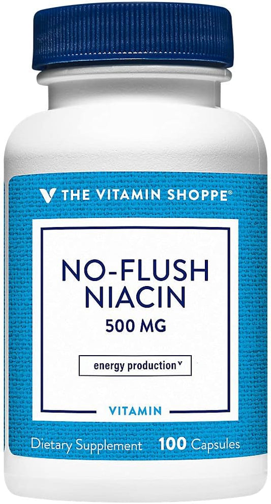 The Vitamin Shoppe No Flush Niacin 500MG Capsules for Metabolism & Energy, Promotes Healthy Cholesterol Levels, 100ct