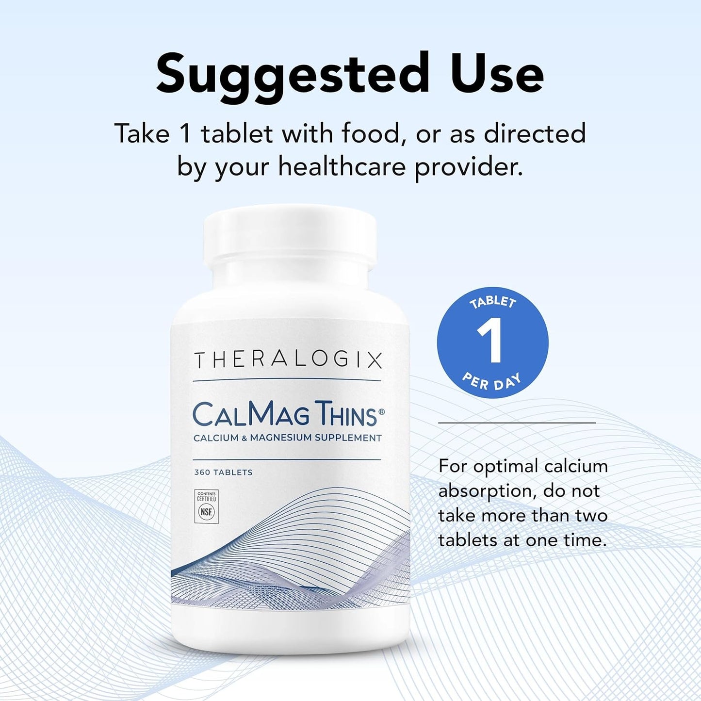 Theralogix CalMag Thins Bone Support Supplement for Women & Men - 200 mg Calcium, 50 mg Magnesium - NSF Certified - 360 Tablets