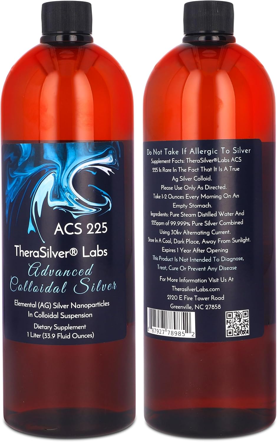 TheraSilver Labs ACS 225 - Advanced Colloidal Silver Liquid - 225 PPM - Pure Bioactive Nano Particles - Immune Support - 32 Oz - Family Size