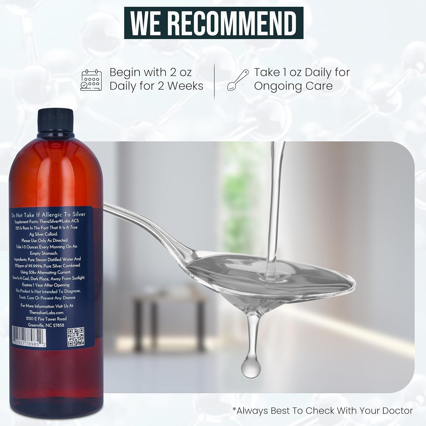 TheraSilver Labs ACS 225 - Advanced Colloidal Silver Liquid - 225 PPM - Pure Bioactive Nano Particles - Immune Support - 32 Oz - Family Size