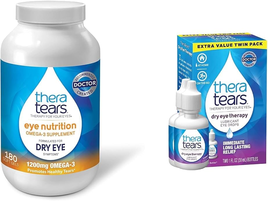 TheraTears Omega 3 Supplement & Dry Eye Therapy Drops - Eye Nutrition with Fish Oil, Flaxseed, Vitamin E - 180 Count & 1 fl oz Twin Pack