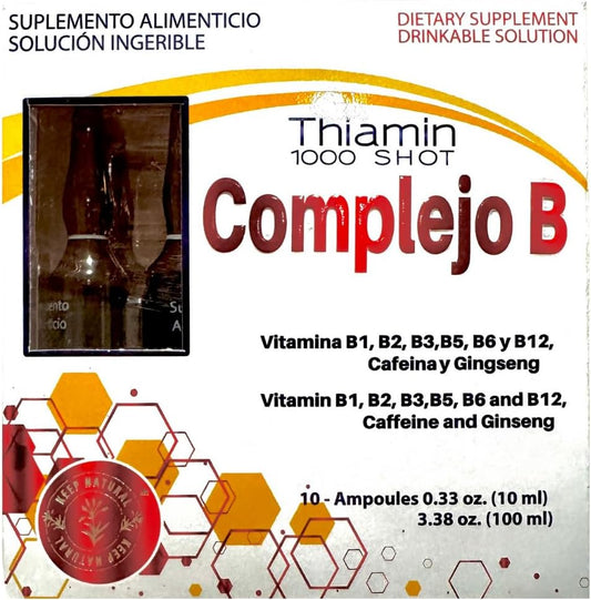 Thiamin B Complex Shot with Multi-Vitamins, Caffeine, and Ginseng for Energy Boost - 10 Ampoules of 10ml - Cognitive Function and Metabolic Health Support