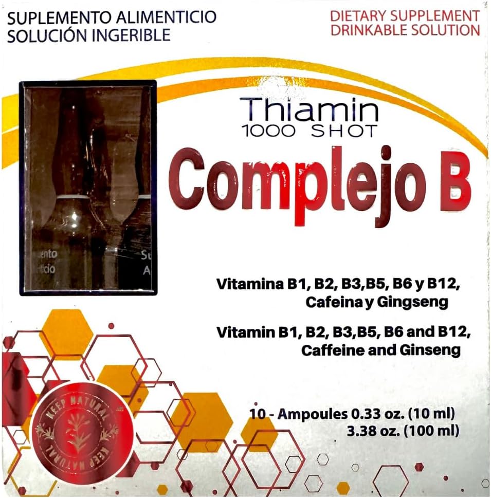 Thiamin B Complex Shot with Multi-Vitamins, Caffeine, and Ginseng for Energy Boost - 10 Ampoules of 10ml - Cognitive Function and Metabolic Health Support