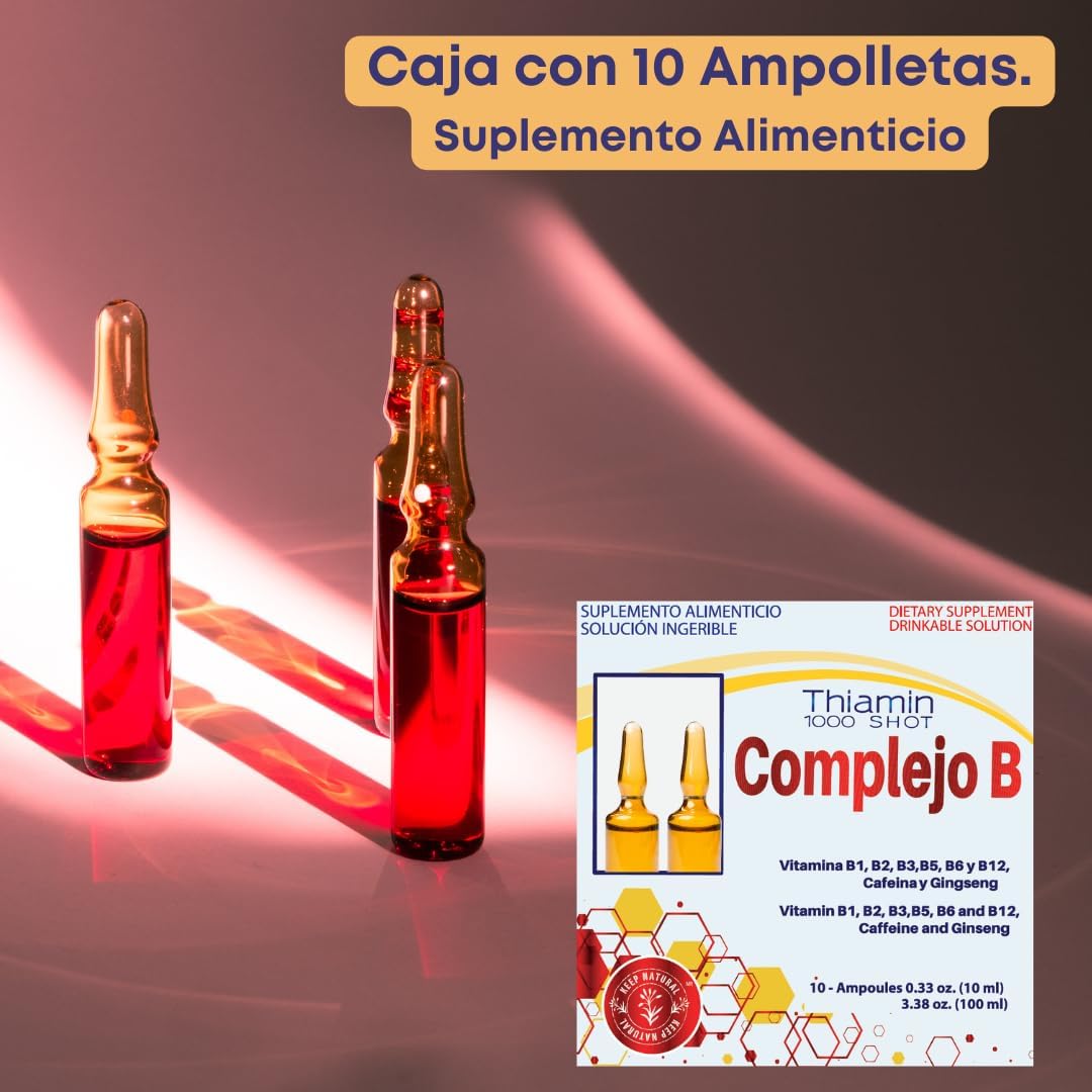Thiamin B Complex Shot with Multi-Vitamins, Caffeine, and Ginseng for Energy Boost - 10 Ampoules of 10ml - Cognitive Function and Metabolic Health Support