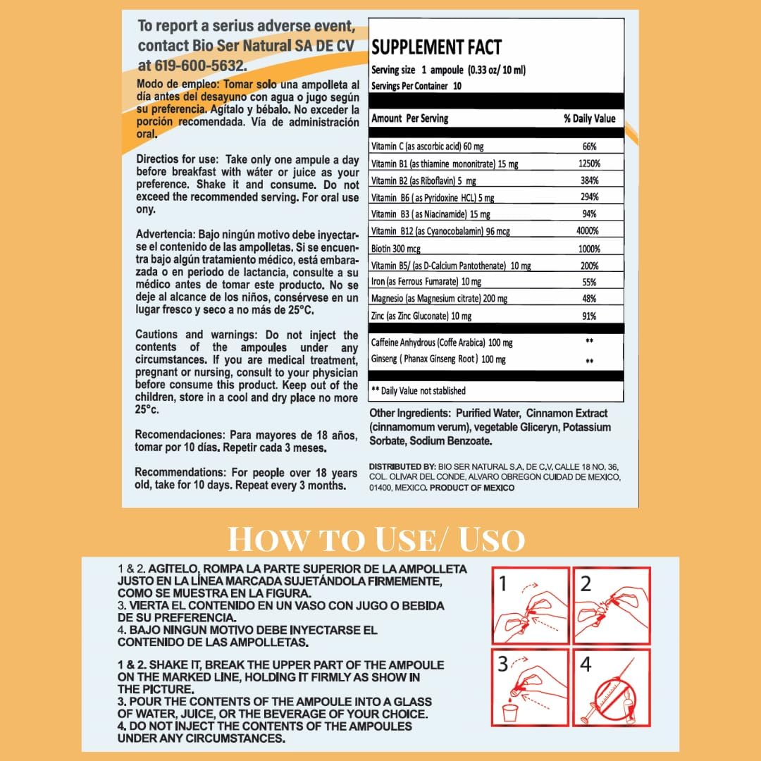 Thiamin B Complex Shot with Multi-Vitamins, Caffeine, and Ginseng for Energy Boost - 10 Ampoules of 10ml - Cognitive Function and Metabolic Health Support