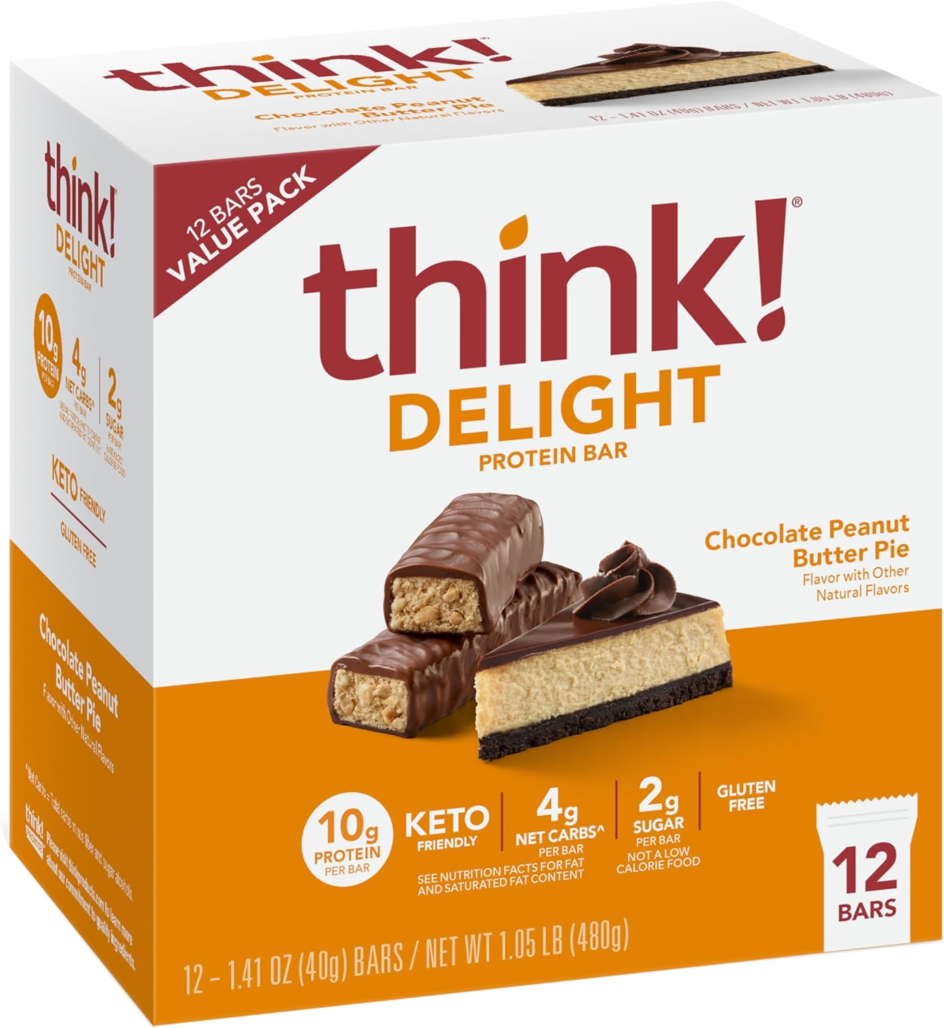 think! Delight Chocolate Peanut Butter Pie Protein Bars - 12 Count, Gluten Free Snack
