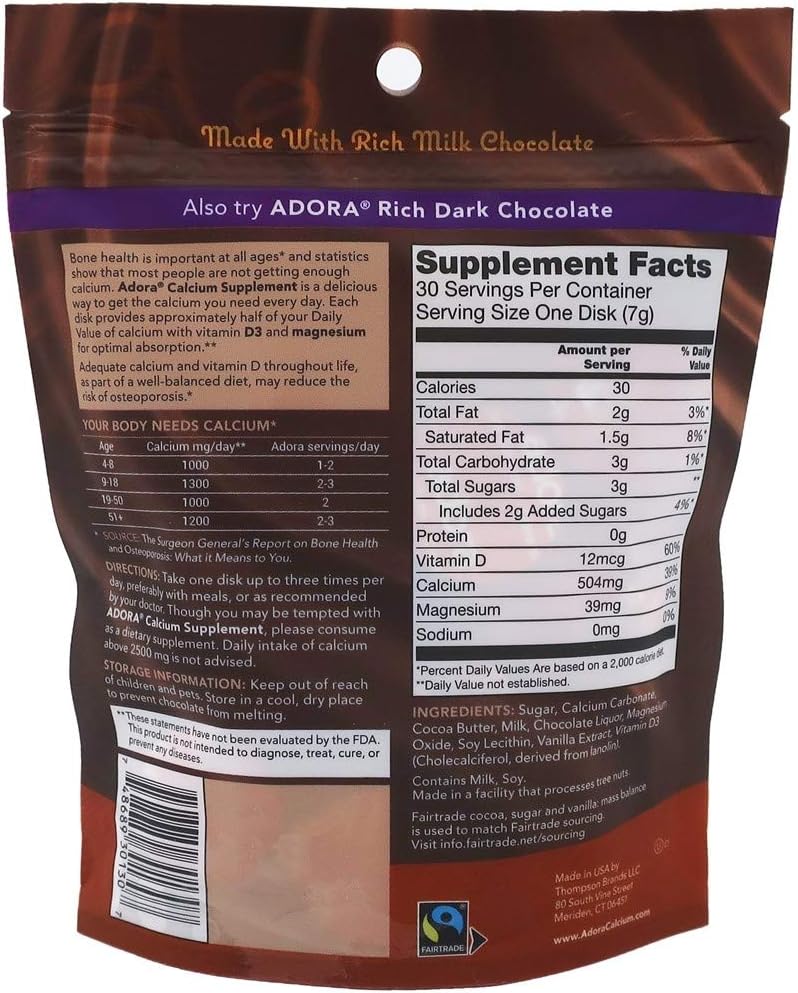 Thompson Adora 500 MG Calcium Supplement with Milk Chocolate Flavor - 30 Pieces