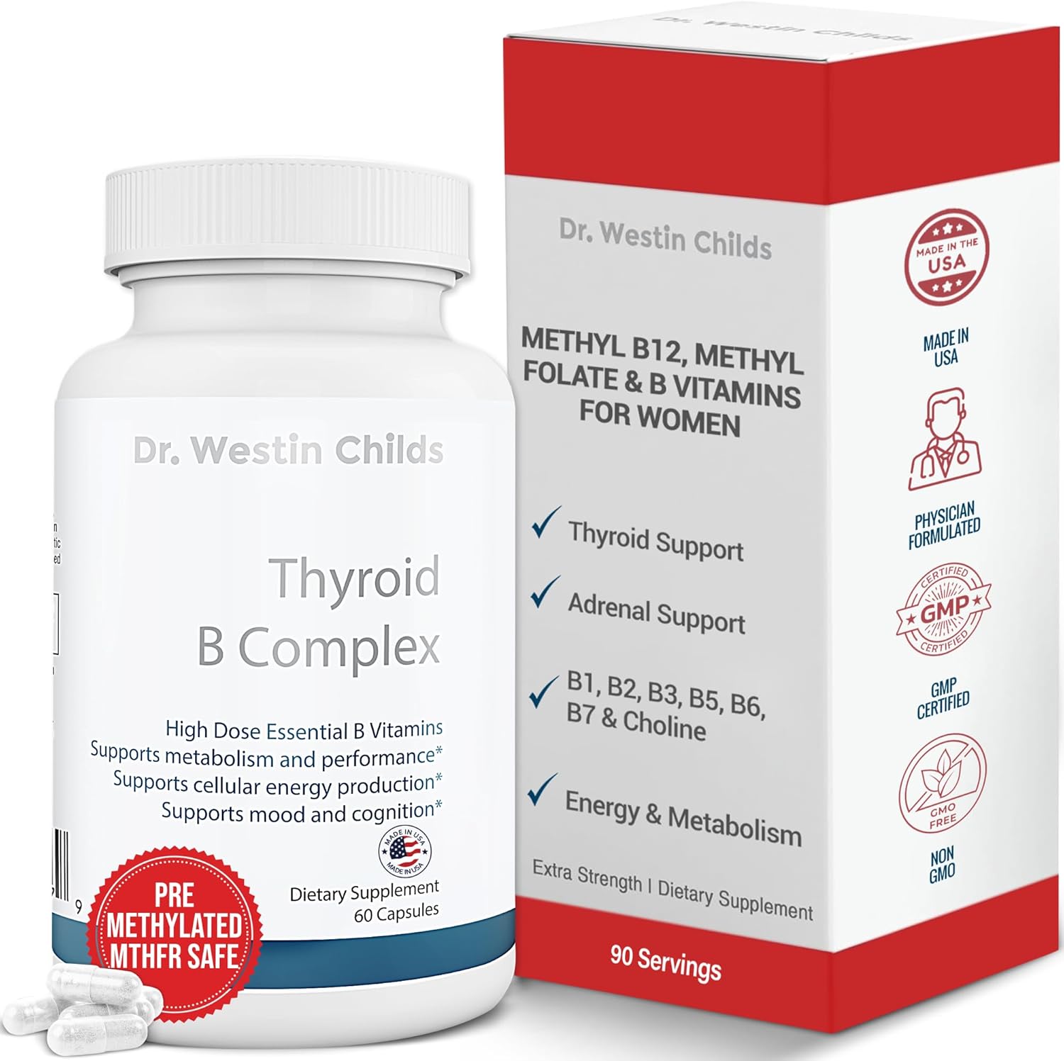 Thyroid B Complex for Women - Methylated Vitamin Capsules with Methylfolate, B12, Biotin, and More | Supports MTHFR, Energy, Focus, and Thyroid Health | 60 Count
