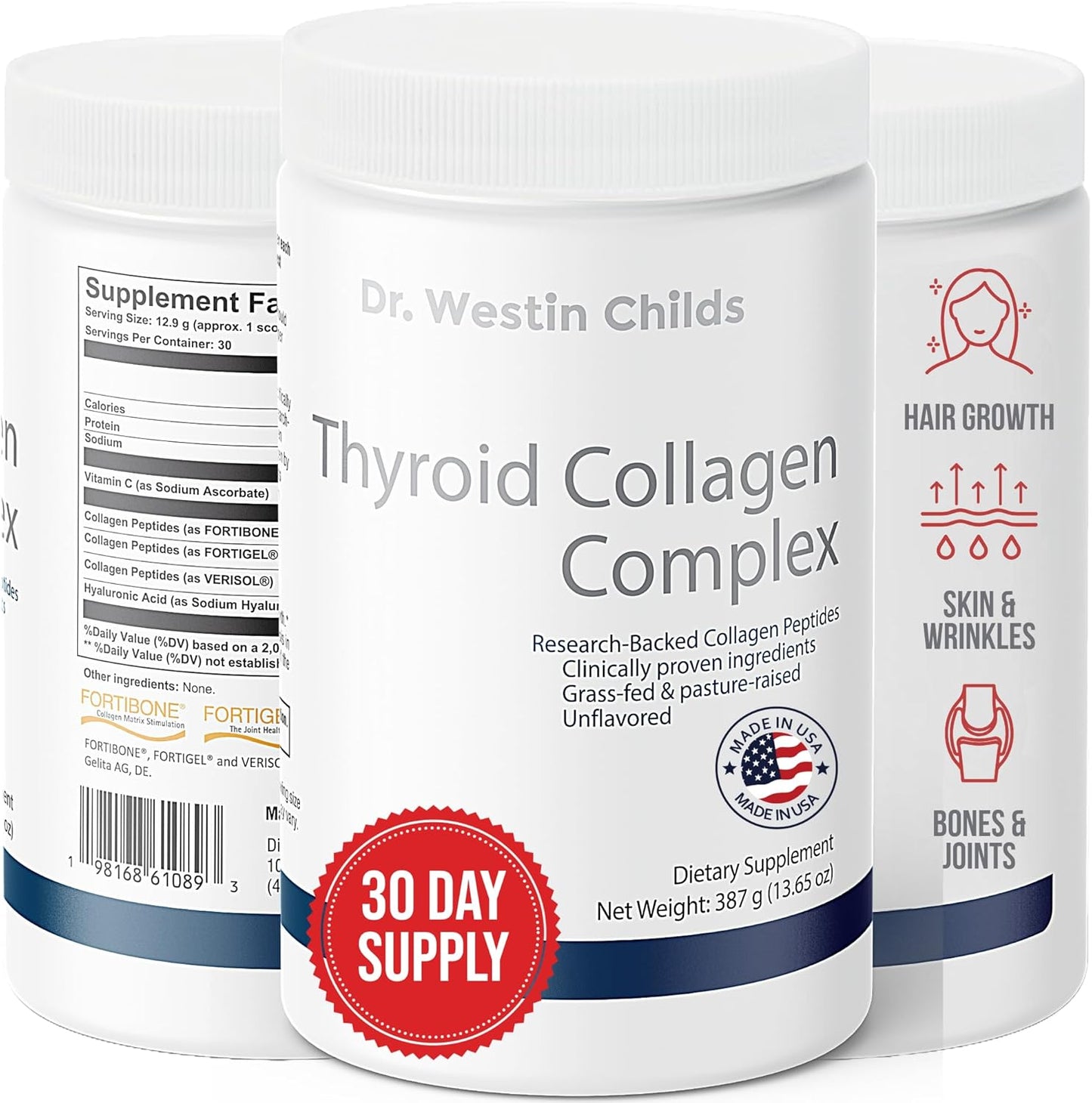 Thyroid Collagen Complex with Patented Peptides Protein Powder for Hair, Skin, Nails, Joints, & Digestion - Grass-fed, Unflavored, 13.6oz