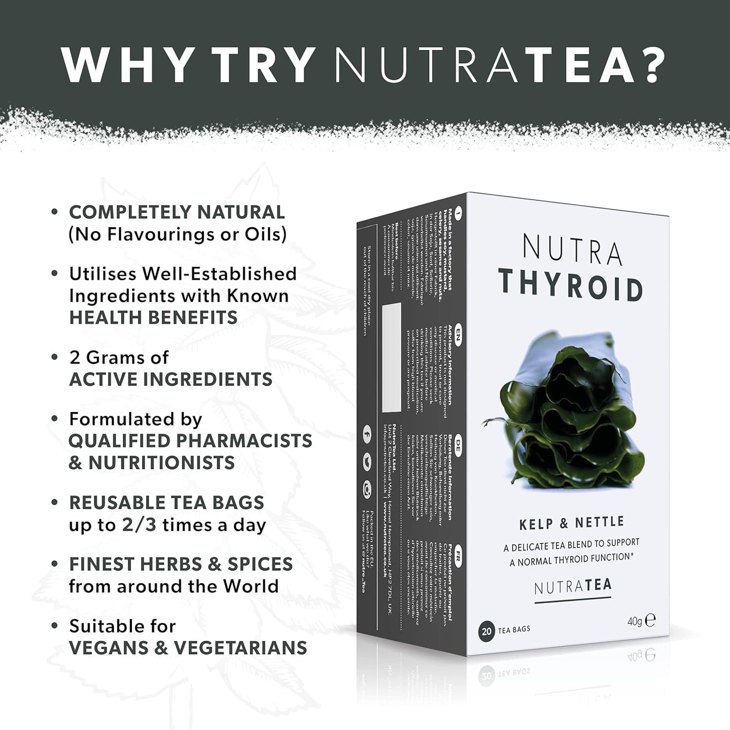 Thyroid Health Tea with Kelp, Bladderwrack & Ashwagandha - Metabolism Support - 20 Tea Bags - Nutra Tea