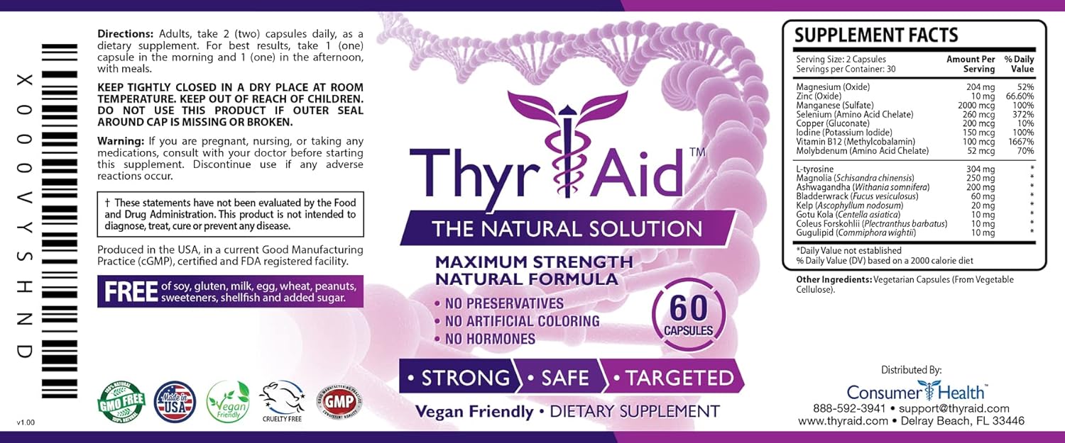 Thyroid Supplement with Iodine, Kelp, and Ashwagandha - Vegan - 60 Capsules