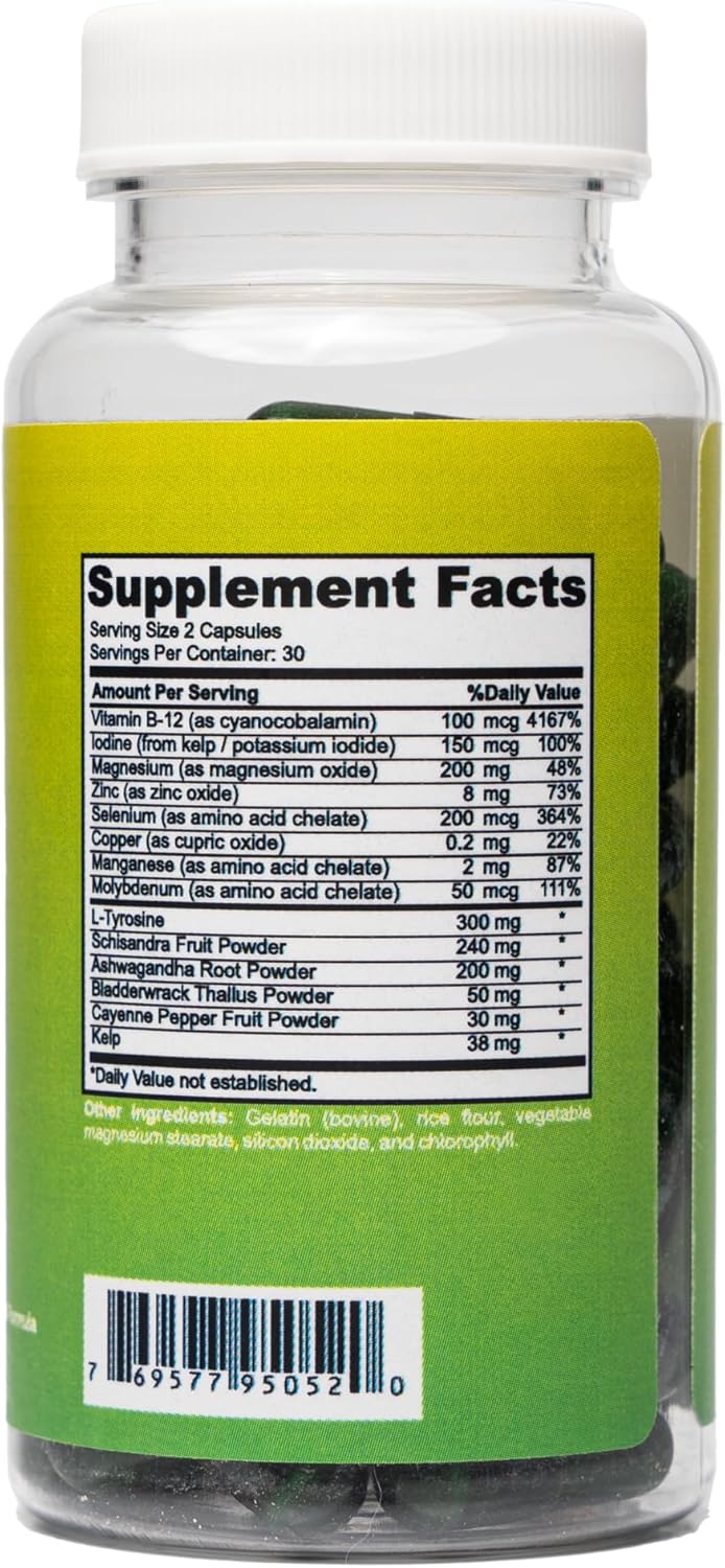 Thyroid Support Supplement for Women and Men - Iodine, Vitamin B12, Ashwagandha, Selenium, Zinc - 60 Capsules, GMP Certified, USA Made