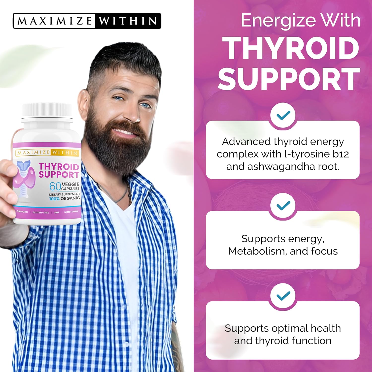 Thyroid Support Supplement for Women & Men - Boost Energy, Clarity, Focus - Ashwagandha, Iodine, Zinc, Kelp, Vitamin B12 - 60 Capsules