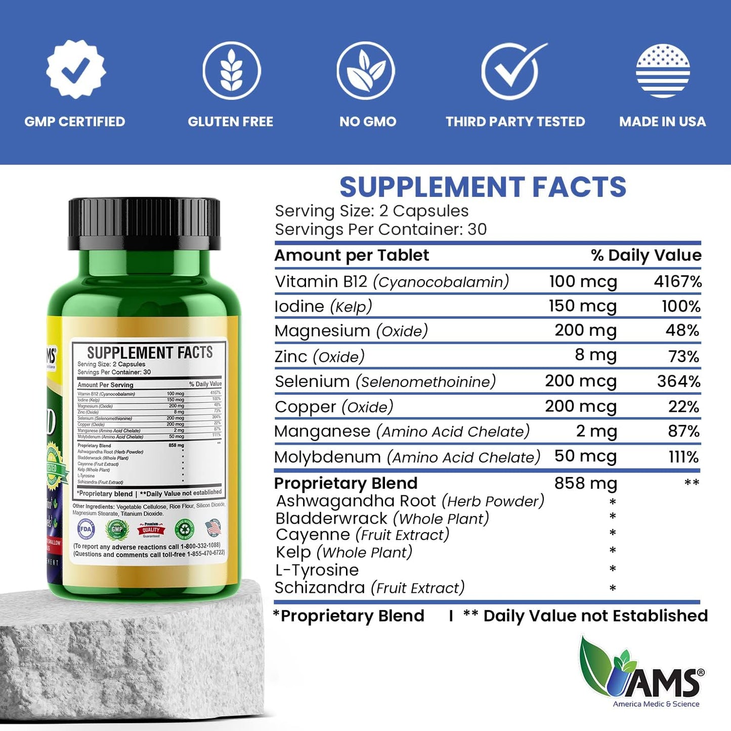 Thyroid Support Supplement with Ashwagandha, Iodine, and Selenium for Mood and Energy - 60 Capsules for Men and Women by America Medic & Science