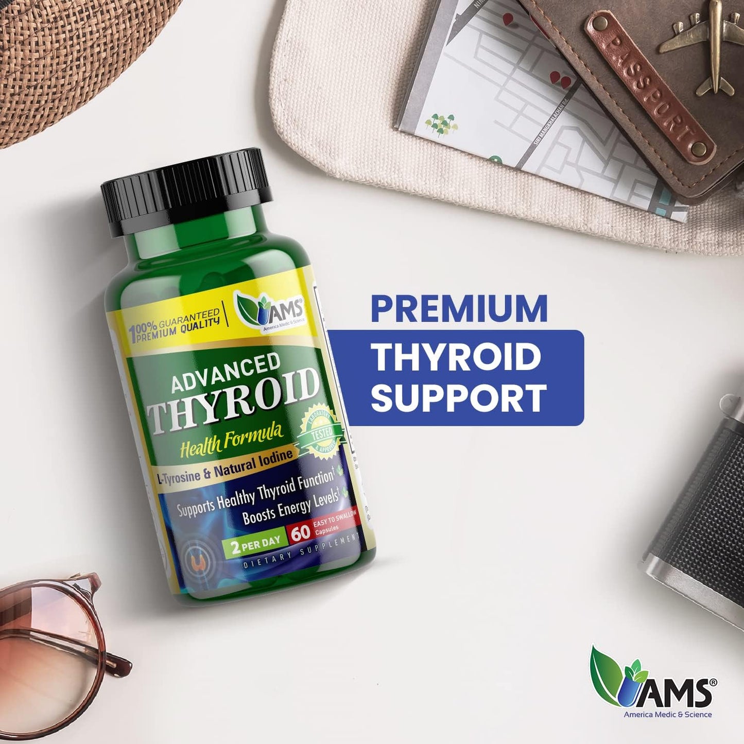 Thyroid Support Supplement with Ashwagandha, Iodine, and Selenium for Mood and Energy - 60 Capsules for Men and Women by America Medic & Science
