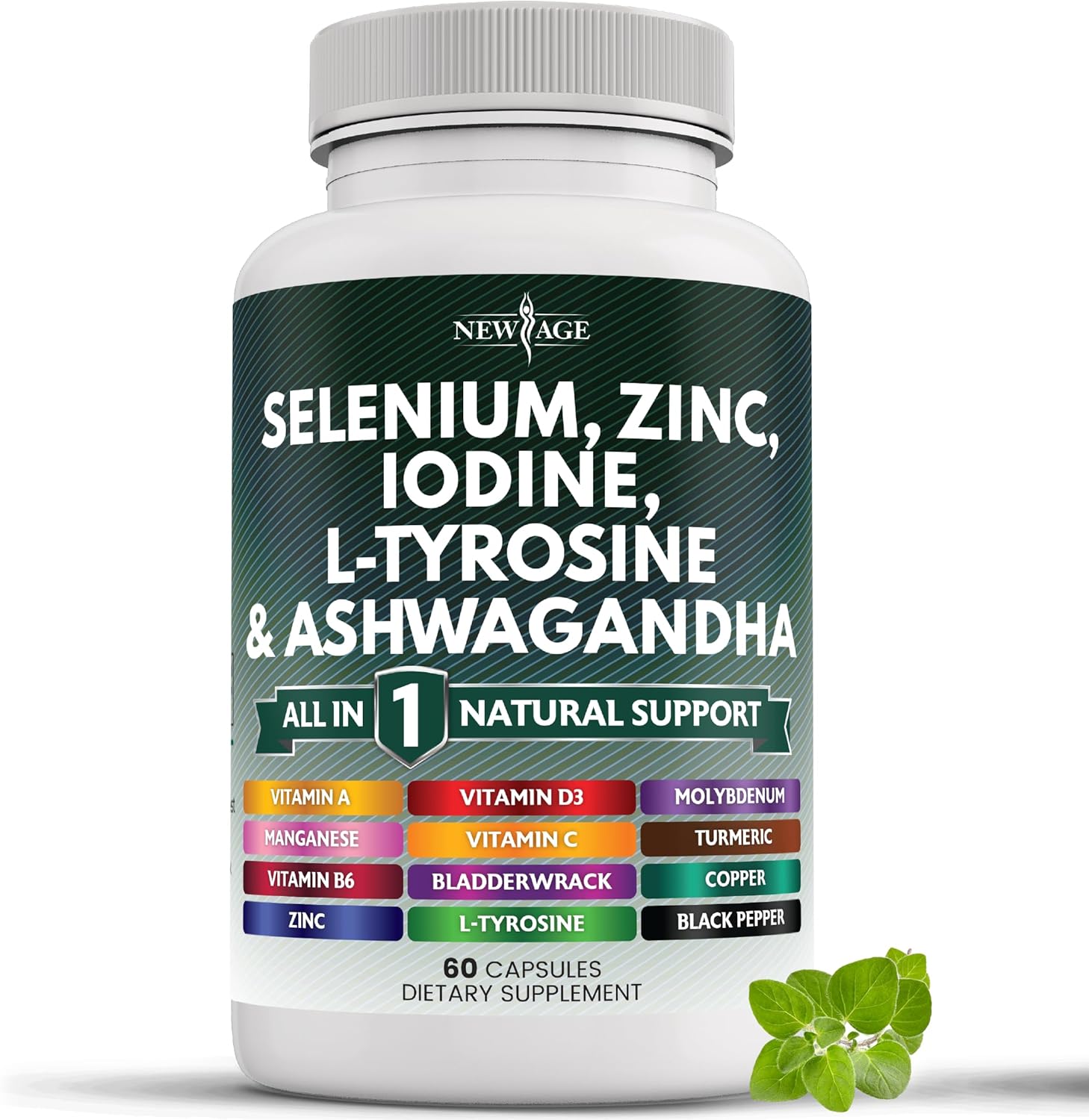 Thyroid Support Supplement with Selenium, Zinc, Iodine, L Tyrosine, Ashwagandha, Bladderwrack, Turmeric, Silica Kelp, Schisandra - 60 Count