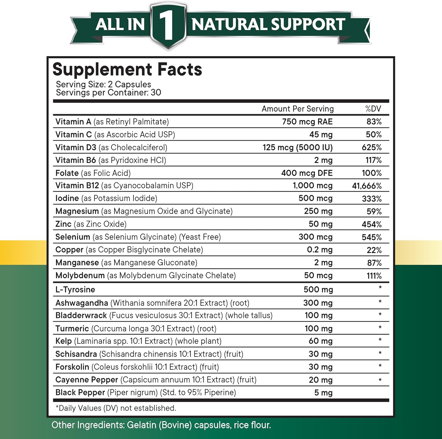 Thyroid Support Supplement with Selenium, Zinc, Iodine, L Tyrosine, Ashwagandha, Bladderwrack, Turmeric, Silica Kelp, Schisandra - 60 Count