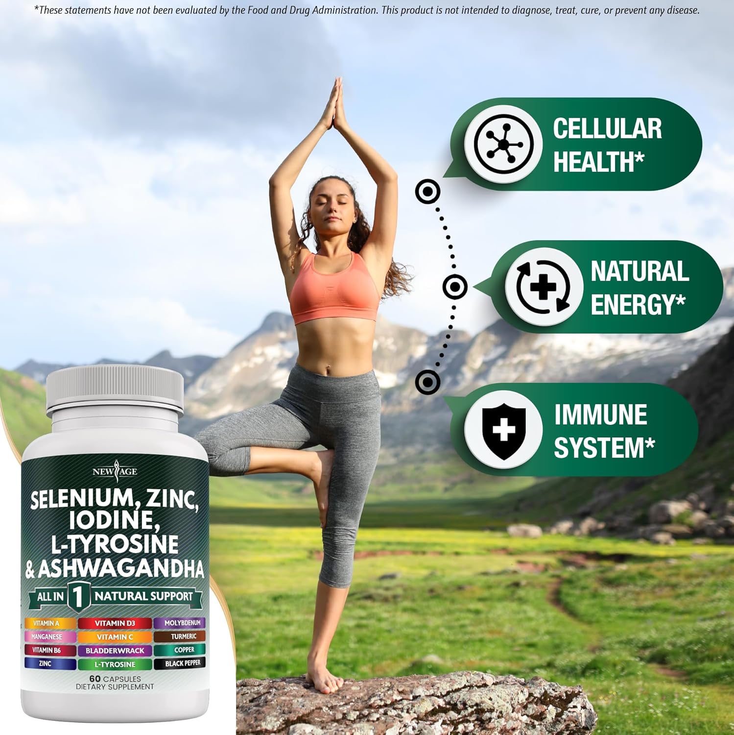 Thyroid Support Supplement with Selenium, Zinc, Iodine, L Tyrosine, Ashwagandha, Bladderwrack, Turmeric, Silica Kelp, Schisandra - 60 Count