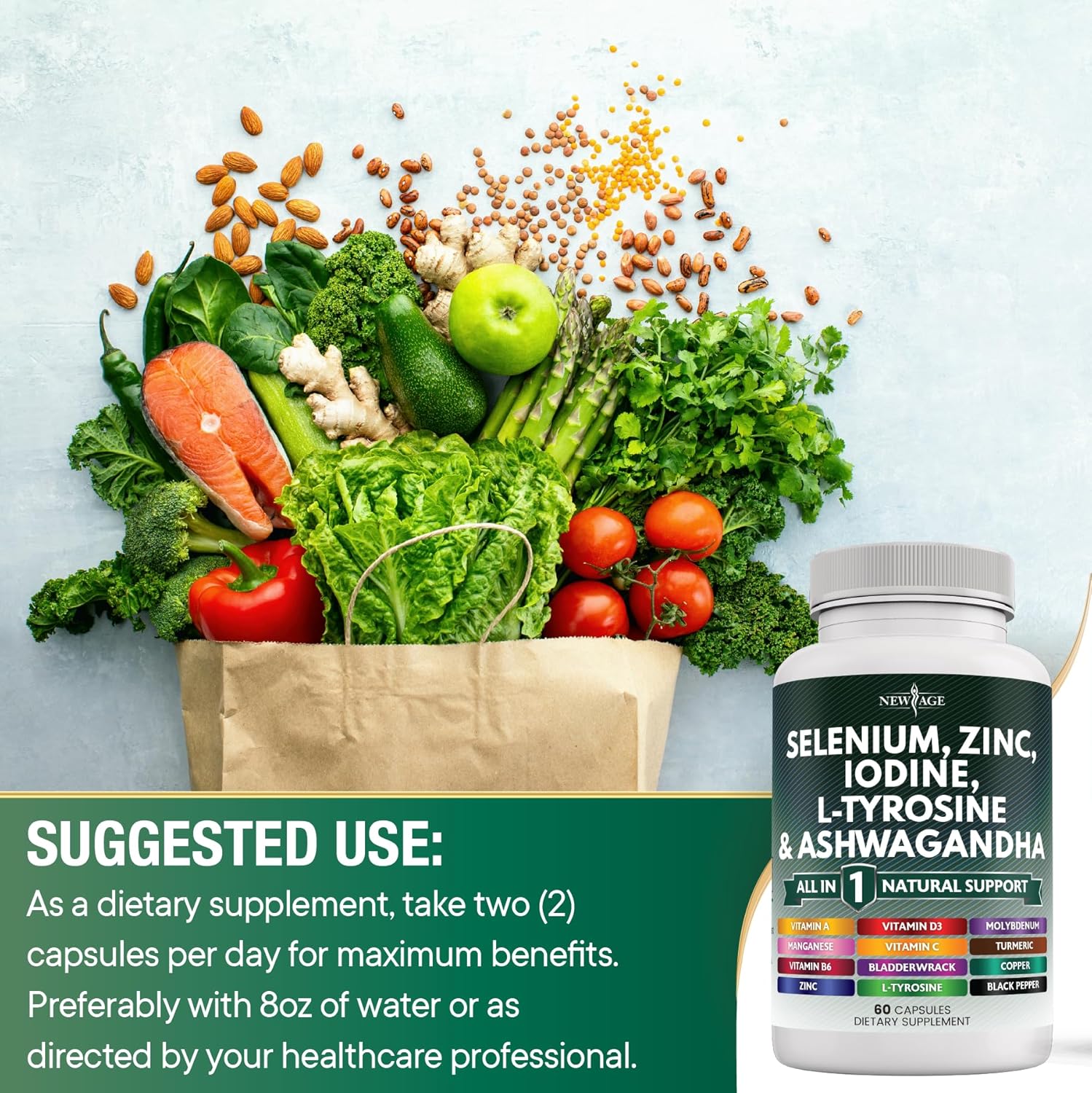 Thyroid Support Supplement with Selenium, Zinc, Iodine, L Tyrosine, Ashwagandha, Bladderwrack, Turmeric, Silica Kelp, Schisandra - 60 Count
