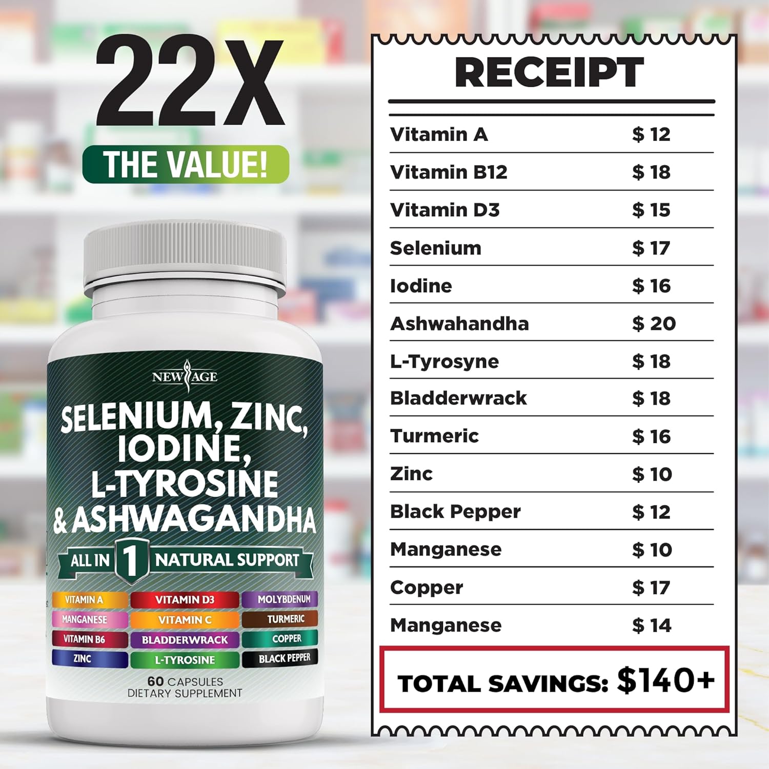Thyroid Support Supplement with Selenium, Zinc, Iodine, L Tyrosine, Ashwagandha, Bladderwrack, Turmeric, Silica Kelp, Schisandra - 60 Count