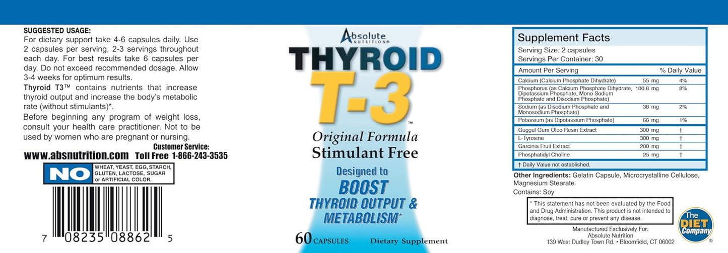 Thyroid T3 Metabolic Support for Energy and Focus, Healthy Function, Natural Formula, Non-GMO - 120 Capsules (2 Pack)