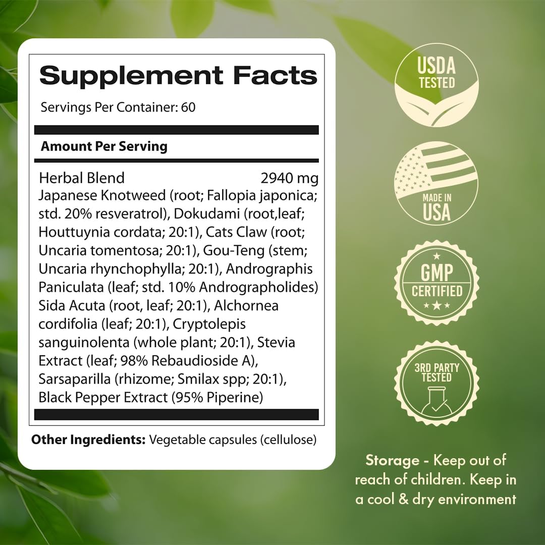 Tick Immune Support Capsules - Japanese Knotweed, Cats Claw, Andrographis, Cryptolepis, Sarsaparilla, Resveratrol - 240 Count