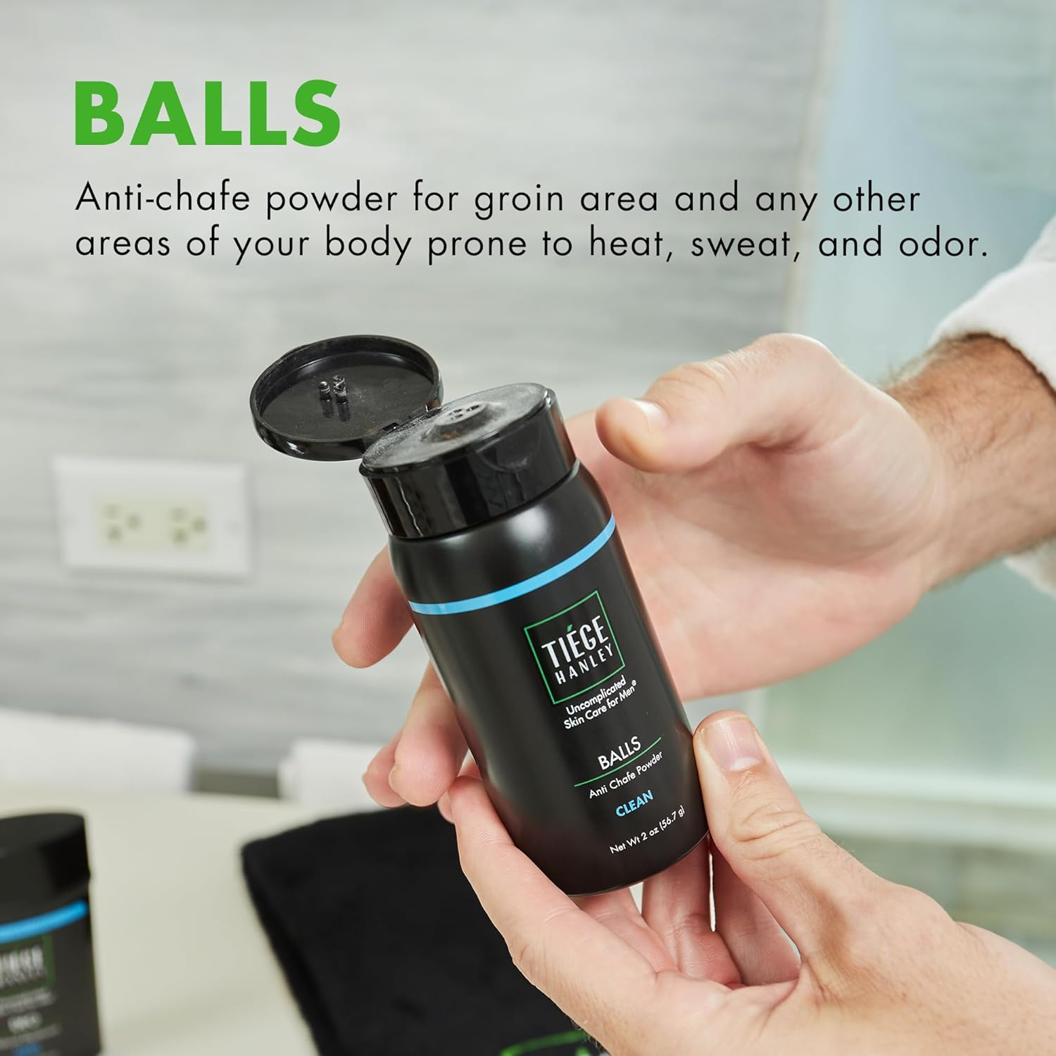 Tiege Hanley Men's Anti-Chafe Powder Stick - Long Lasting Moisture Absorption - Eucalyptus & Spearmint with Menthol - Foot, Thigh, and Ball Powder for Irritation