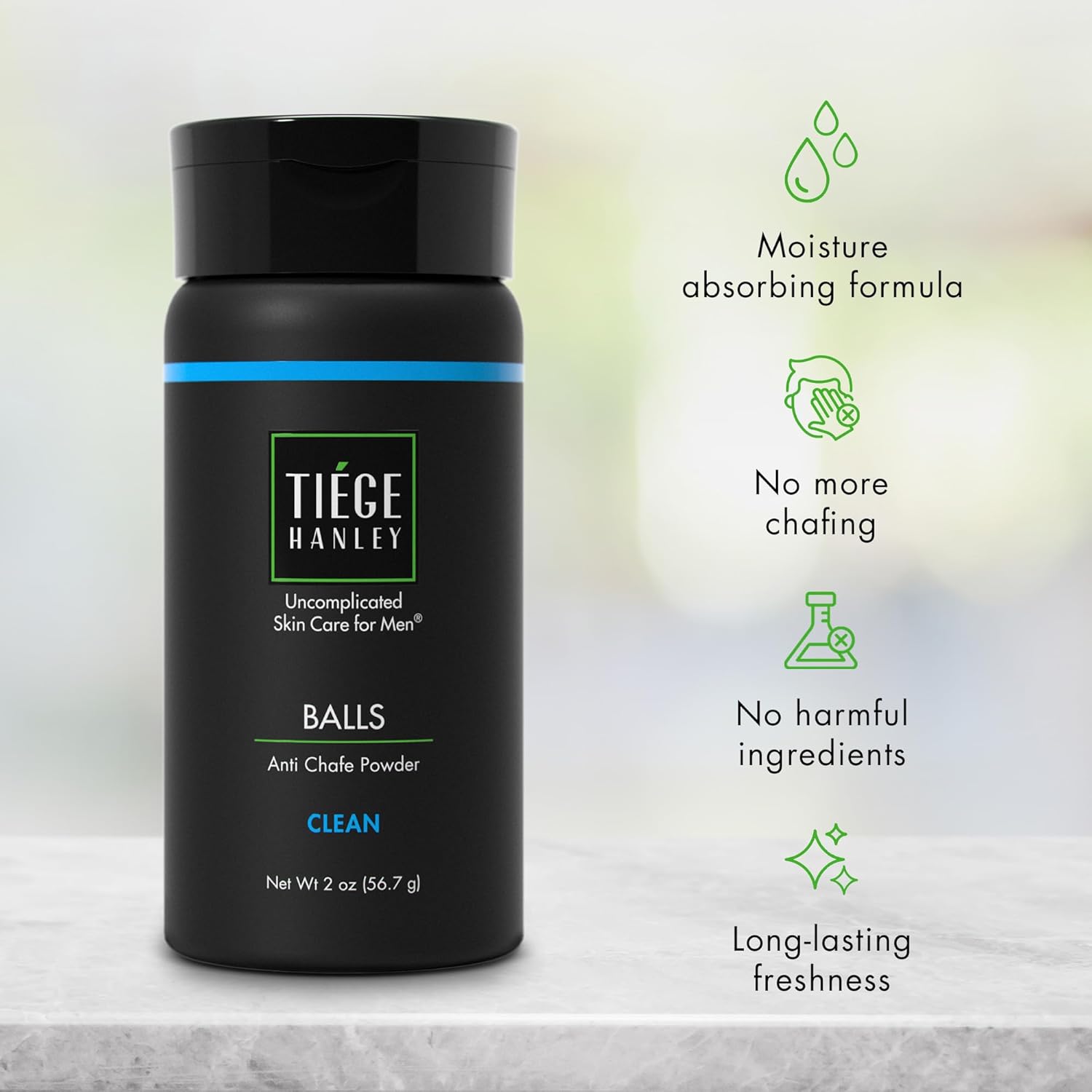 Tiege Hanley Men's Anti-Chafe Powder Stick - Long Lasting Moisture Absorption - Eucalyptus & Spearmint with Menthol - Foot, Thigh, and Ball Powder for Irritation