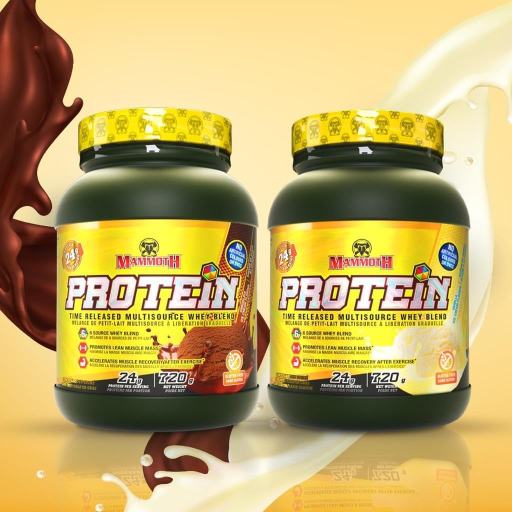 TIME-RELEASE Mammoth Protein Powder Shake with WHEY Isolate & Casein - Vanilla Flavor, Low Sugar - 1.6 Lb