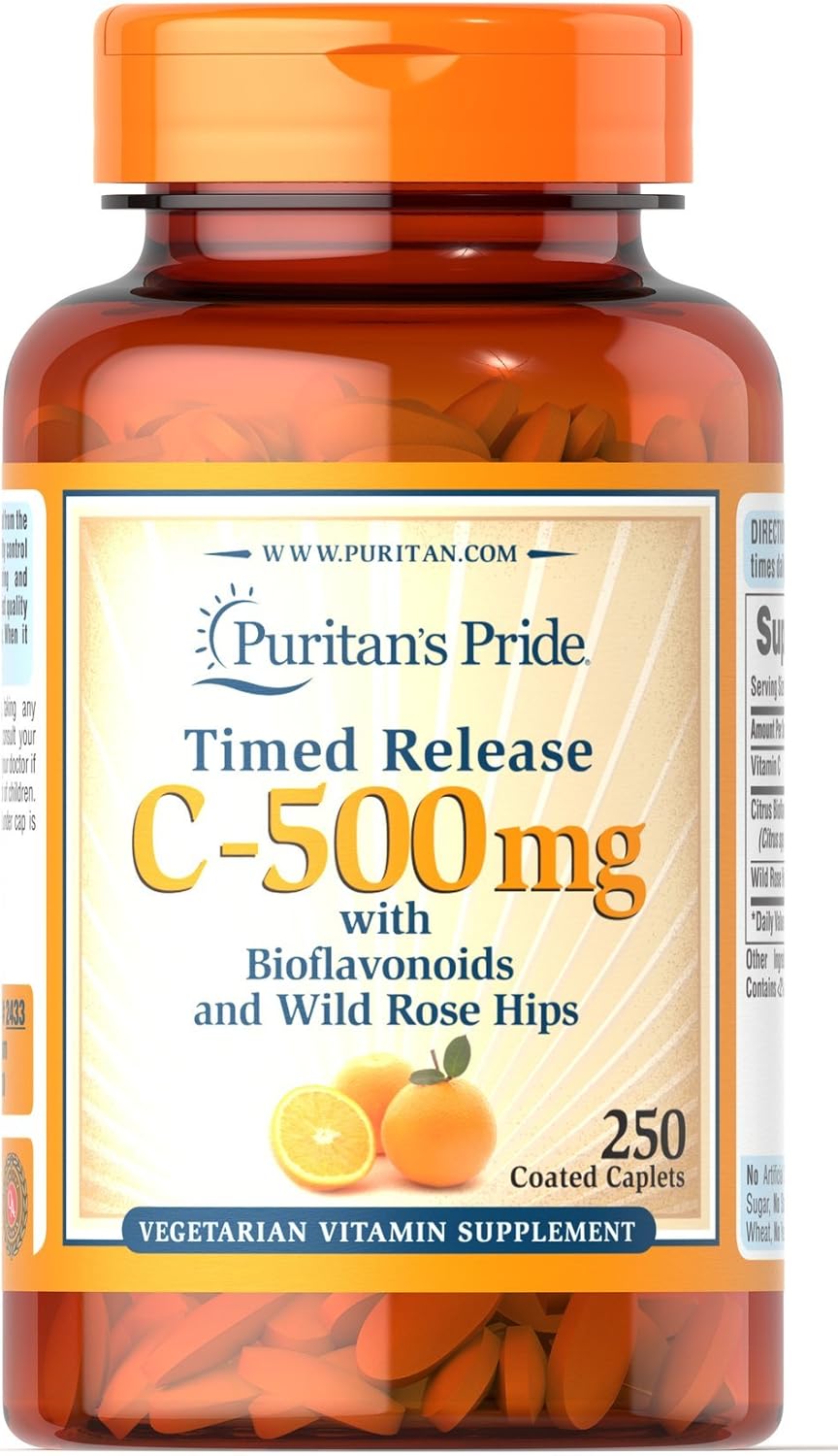 Time Release Puritan's Pride Vitamin C-500 Mg Caplets with Rose Hips - 250 Count