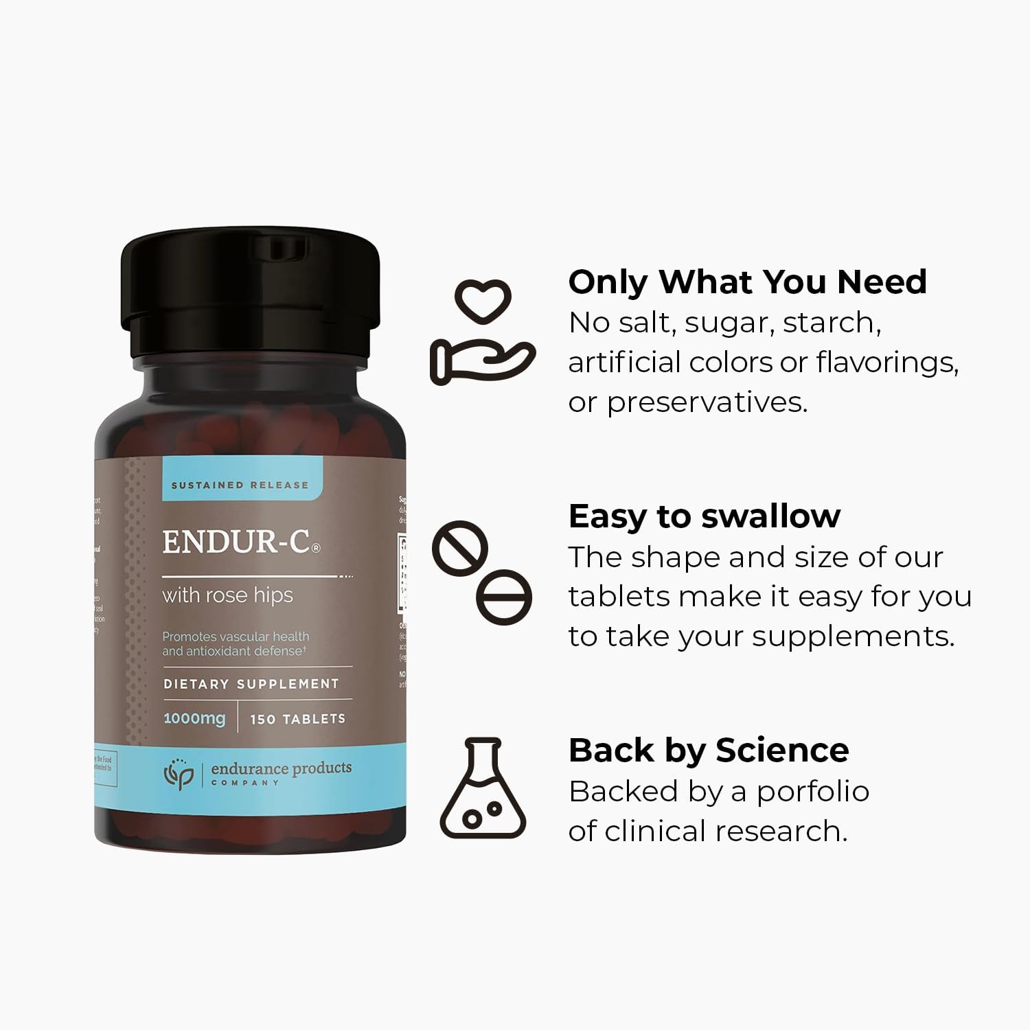 Time Release Vitamin C Supplement Tablets - ENDUR-C® by Endurance Products, 1000mg Ascorbic Acid with Rose Hips, 150 Tablets for Optimal Absorption