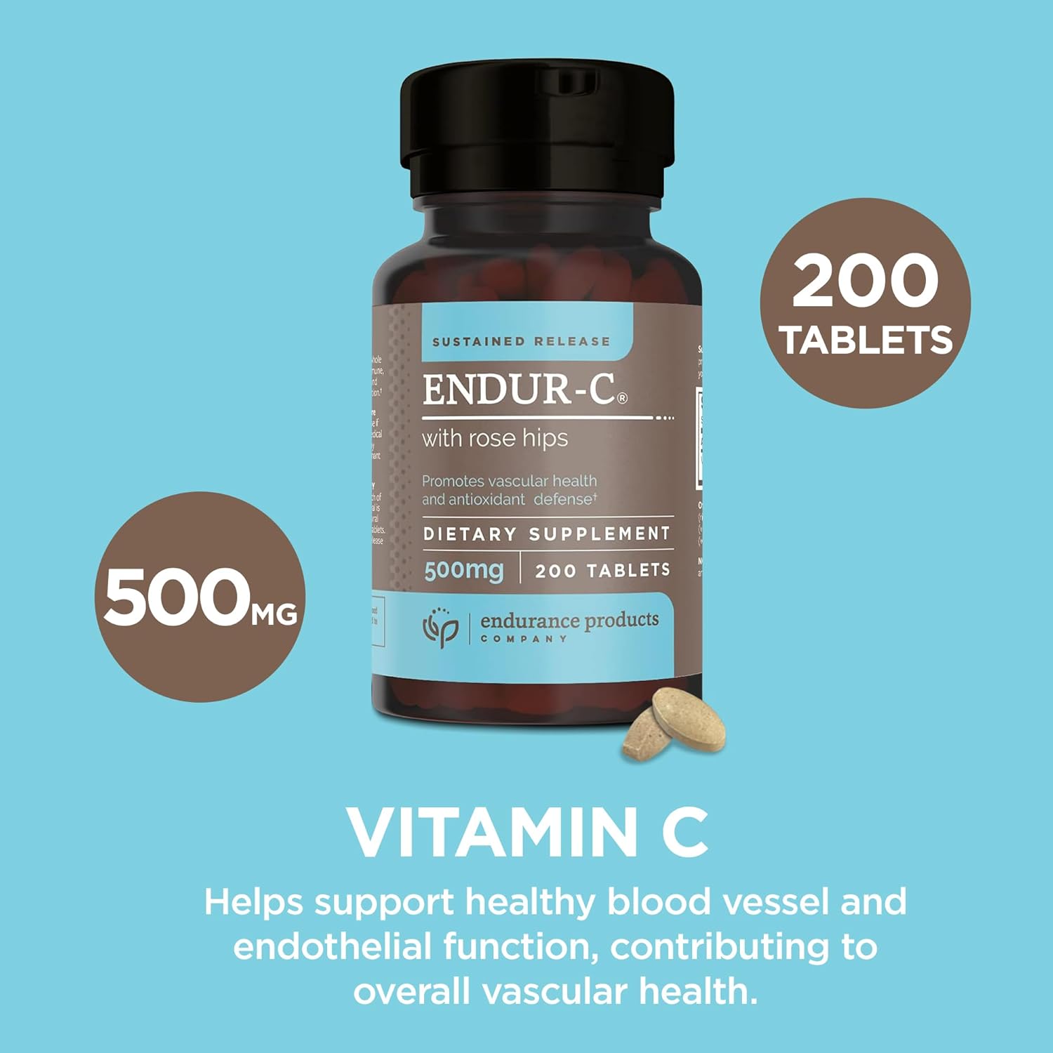 Time Release Vitamin C Supplement Tablets with Rose HIPS - 500mg, 200 Tablets for Optimal Absorption by Endurance Products