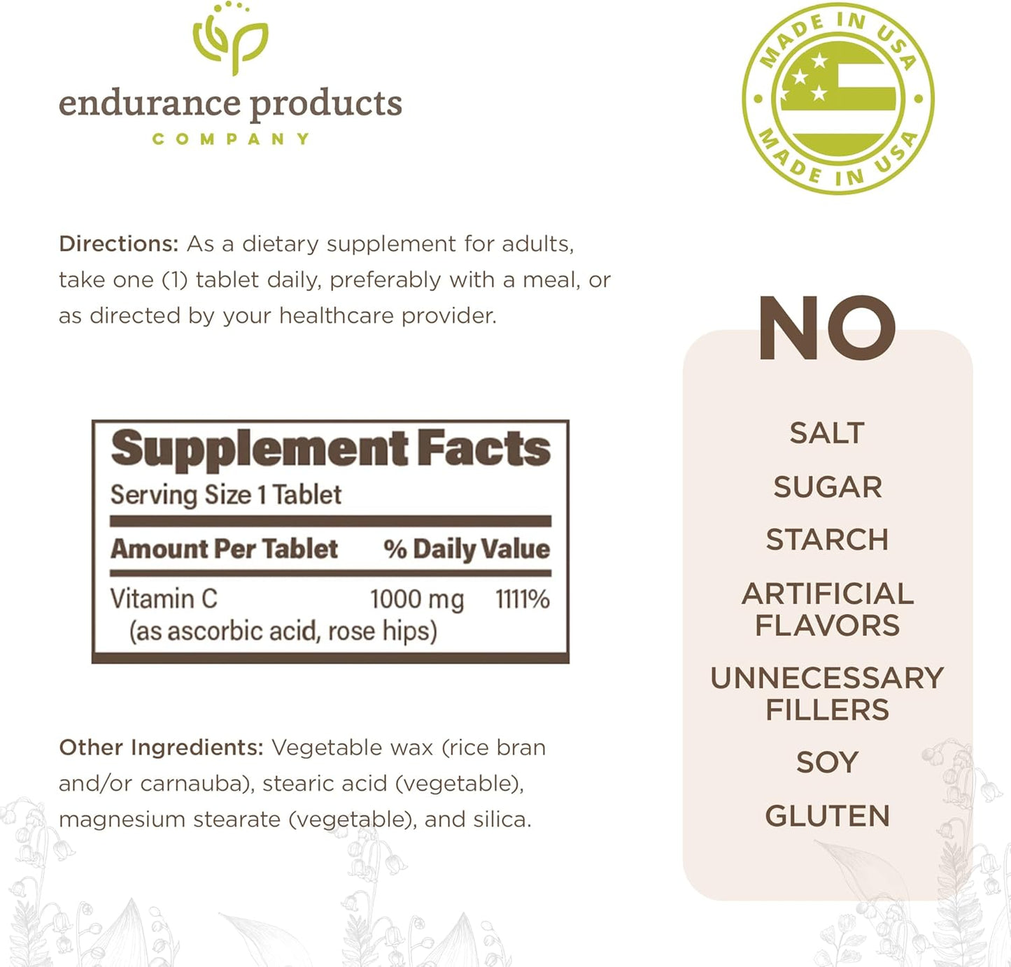 Time Release Vitamin C Supplement Tablets with Rose HIPS - 500mg, 200 Tablets for Optimal Absorption by Endurance Products