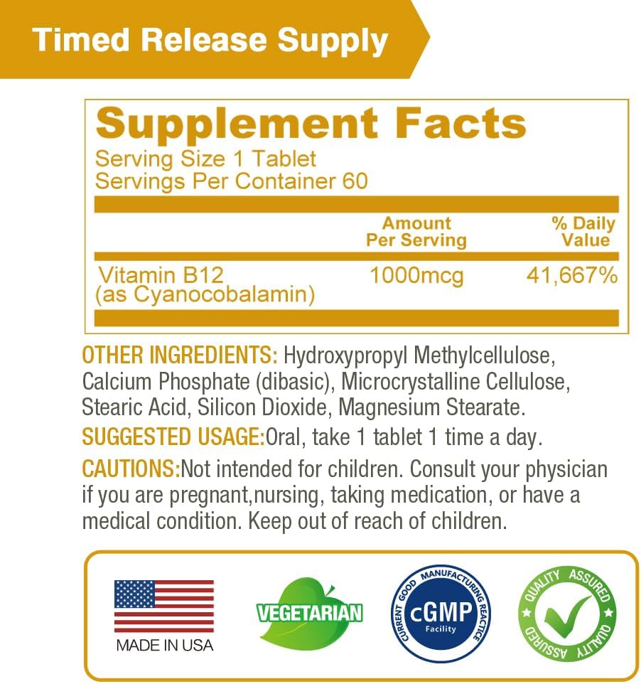Timed Release Vegan Vitamin B12 1000 mcg Tablets for Nervous System Support - 60 Vegetarian Tablets