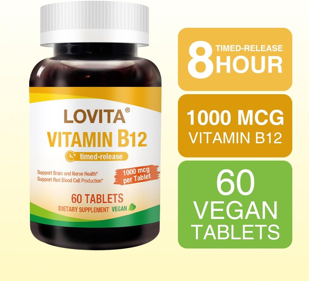 Timed Release Vegan Vitamin B12 1000 mcg Tablets for Nervous System Support - 60 Vegetarian Tablets