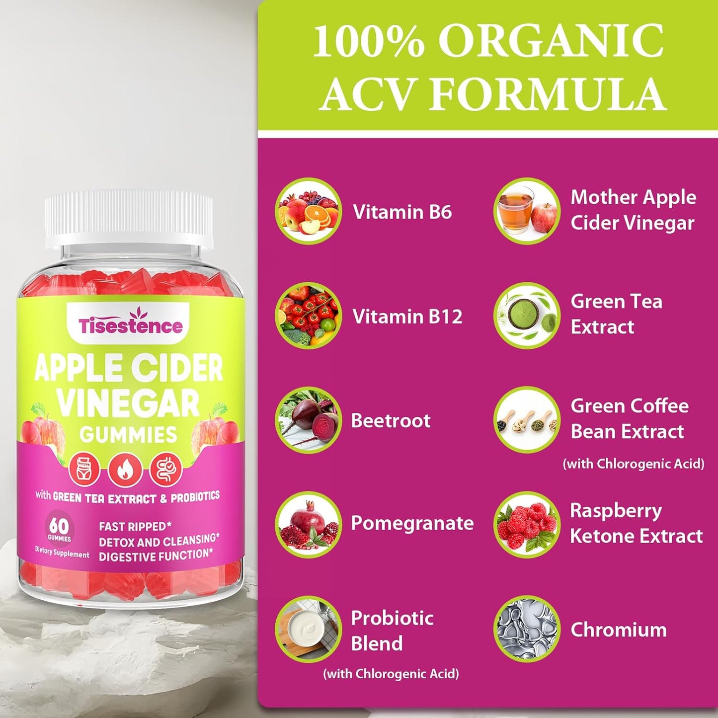 Tisestence Apple Cider Vinegar Gummies 2000MG - Keto Cleanse & Detox Diet, Max Strength ACV Gummies with Green Tea, Raspberry, B12, Probiotics for Metabolism & Digestive Health, 5 Pack