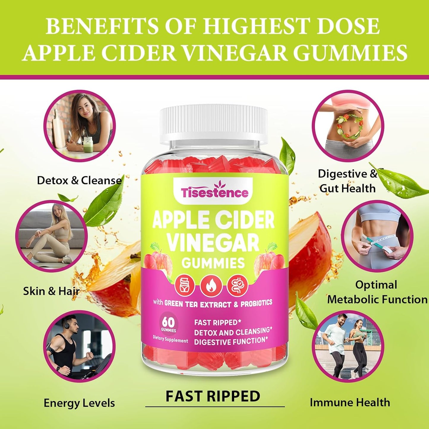 Tisestence Apple Cider Vinegar Gummies 2000MG - Keto Cleanse & Detox Diet, Max Strength ACV Gummies with Green Tea, Raspberry, B12, Probiotics for Metabolism & Digestive Health, 5 Pack