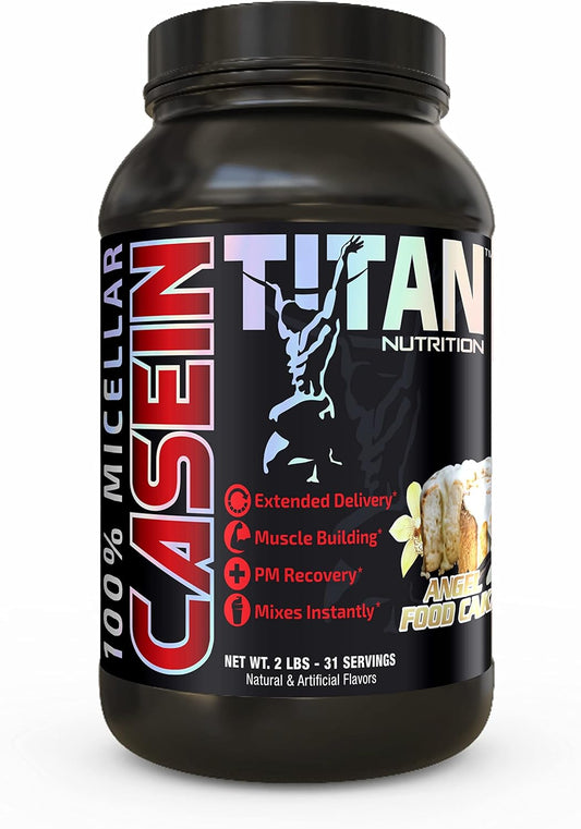 Titan Nutrition Titan Casein- Angel Food Cake Flavored Micellar Casein Protein Powder with BCAA and Digestive Enzymes for Nighttime Muscle Recovery