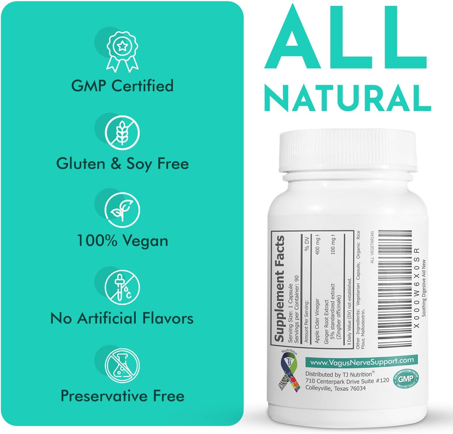 TJ Nutrition Digestive Health Support - Vagus Nerve Soothing Aid for Optimal pH and Comfortable Digestion