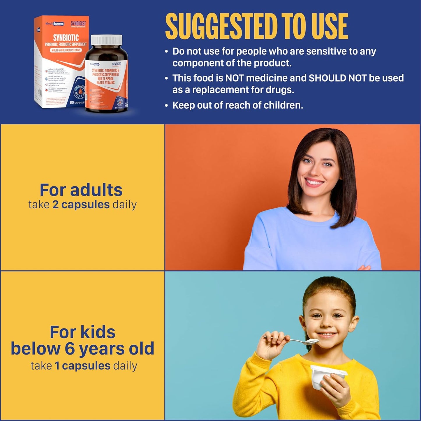 TMA Medispores Gut Health Supplement with 5 Probiotic & Prebiotic Strains - Digestive & Immune Support for Adults & Kids - Non-GMO, Gluten-Free - 60 Pills (2 Billion CFU)