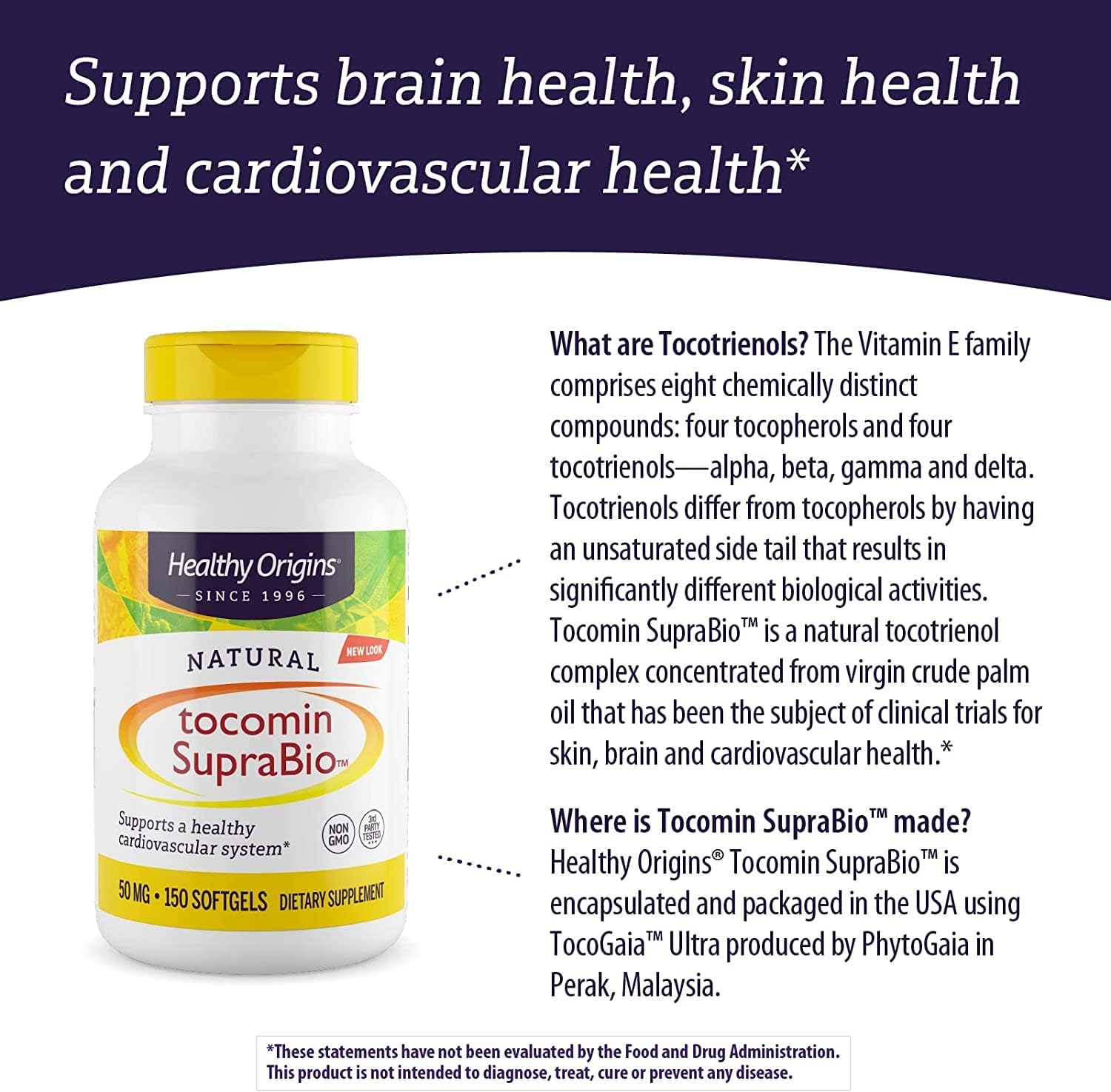 Tocomin SupraBio Tocotrienols 50mg Softgels - Heart & Cardiovascular Health Support - Vitamin E Supplement - Gluten-Free Skin Care - 150ct