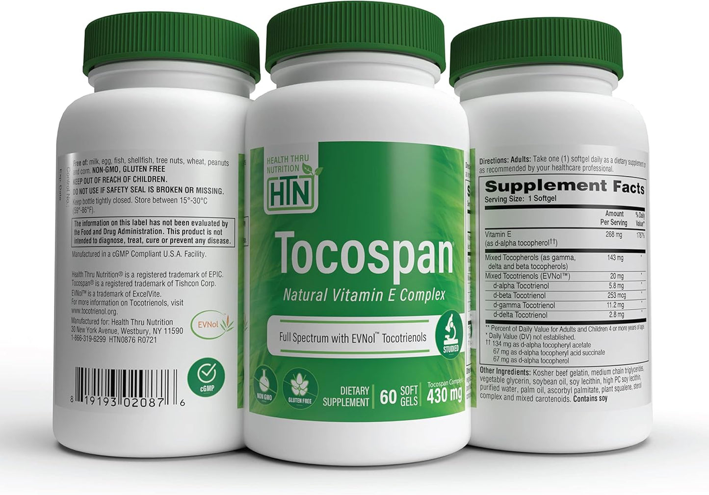 Tocospan Full Spectrum Vitamin E 430mg with EVNol Tocotrienols - Pack of 60 - Cardiovascular & Antioxidant Support - All 8 Natural Vitamin E Sources - Clinically Studied