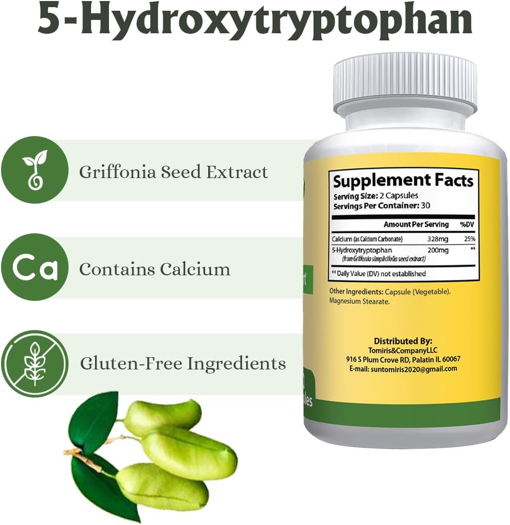 Tomy&Company 5-HTP 200 mg Capsules with Calcium for Mood and Sleep - Non-GMO and Gluten-Free - 60 Count