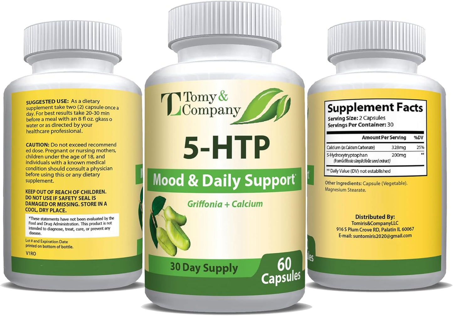 Tomy&Company 5-HTP 200 mg Capsules with Calcium for Mood and Sleep - Non-GMO and Gluten-Free - 60 Count