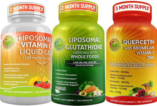 Total Immune Support Bundle: Liposomal Glutathione, Vitamin C, Quercetin with Bromelain, Zinc - Antioxidant Supplements