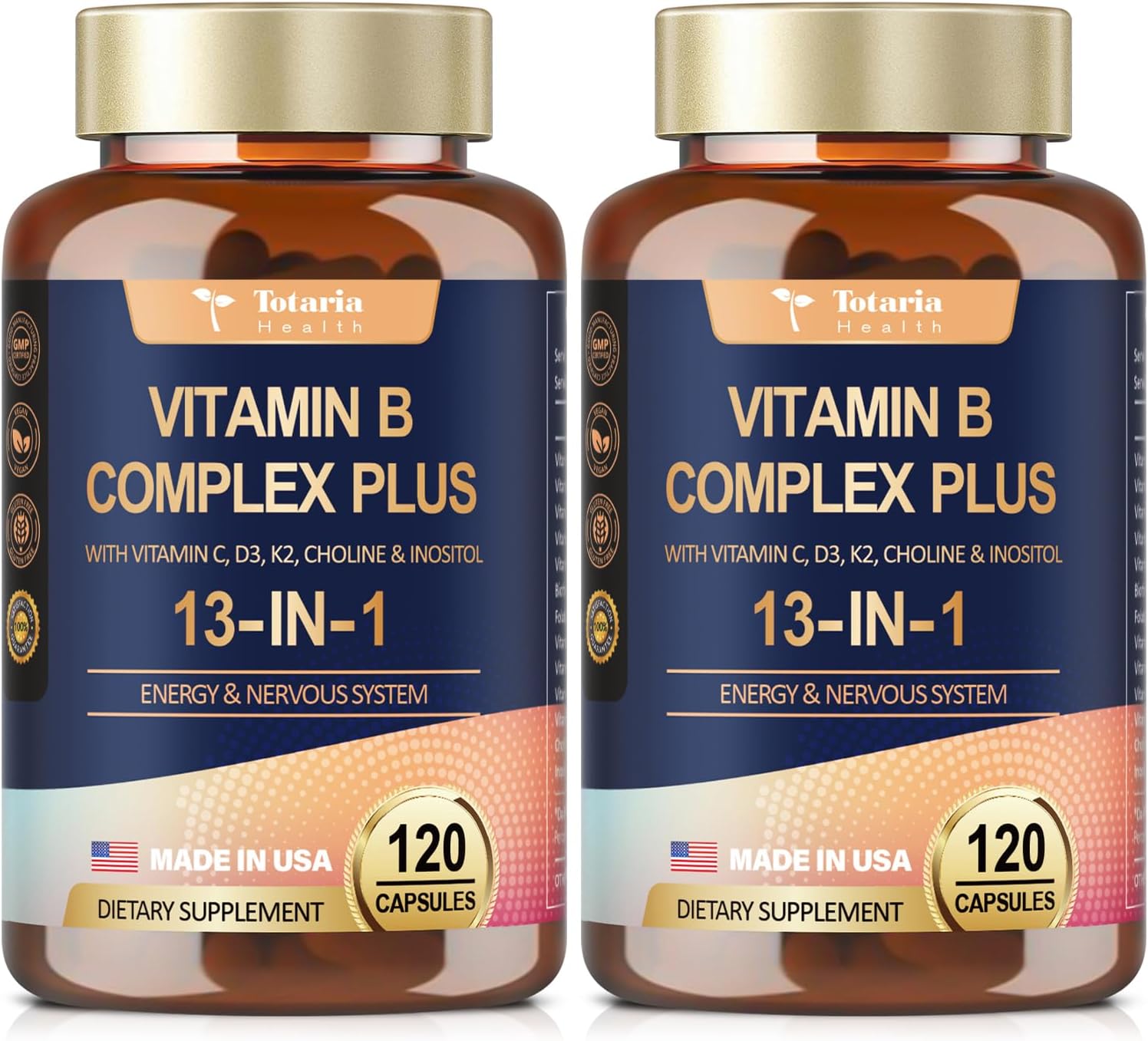Totaria 13-in-1 Vitamin B Complex Plus with B1, B2, B3, B4, B5, B6, B7, B8, B9, B12, C, D3, K2 - 120 Caps/Bottle - 2 Bottles