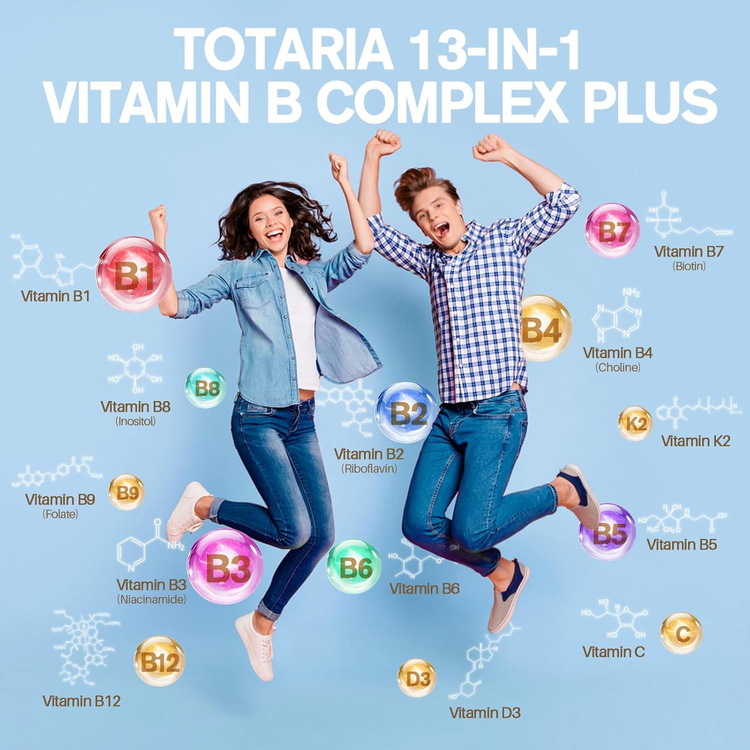 Totaria 13-in-1 Vitamin B Complex Plus with B1, B2, B3, B4, B5, B6, B7, B8, B9, B12, C, D3, K2 - 120 Caps/Bottle - 2 Bottles