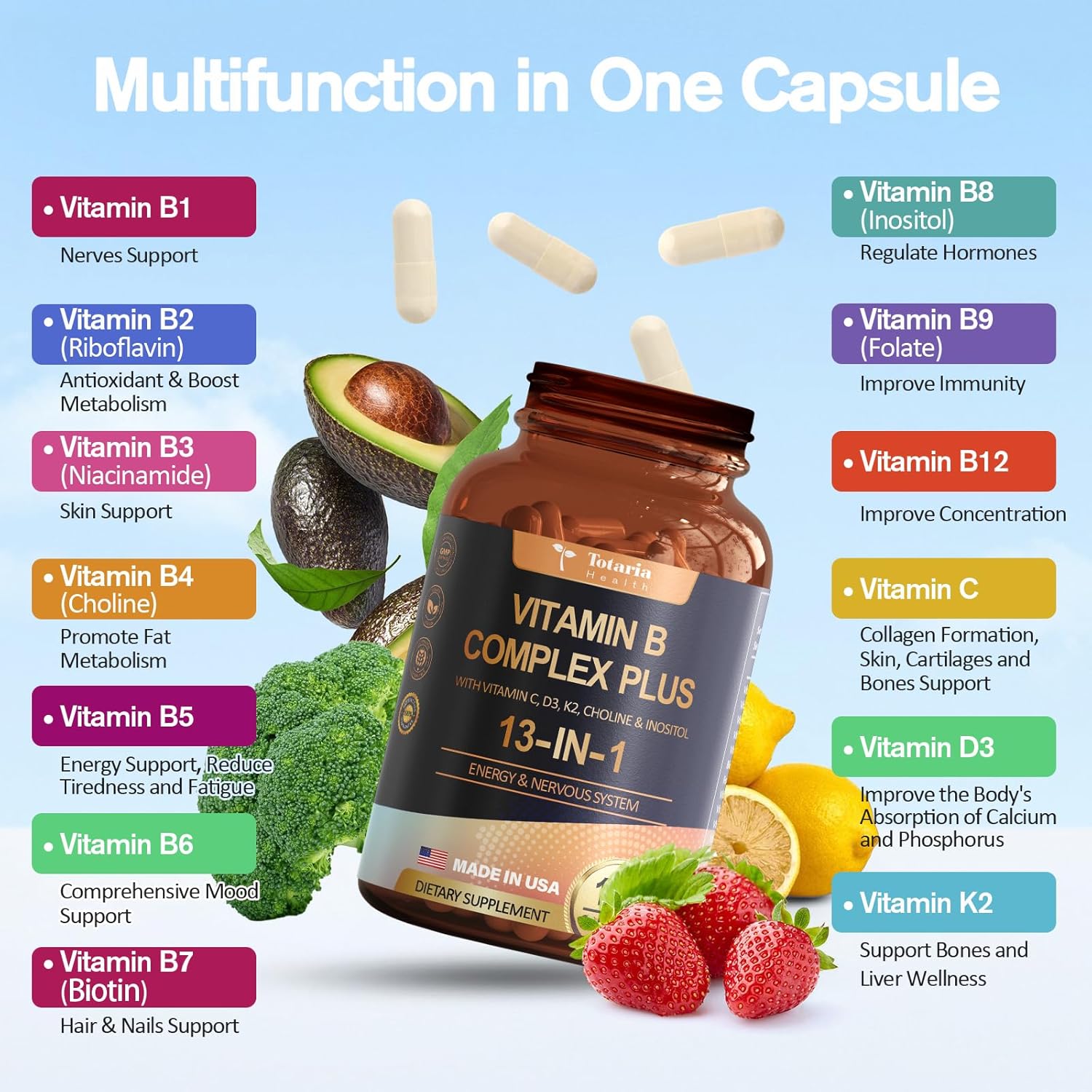 Totaria 13-in-1 Vitamin B Complex Plus with B1, B2, B3, B4, B5, B6, B7, B8, B9, B12, C, D3, K2 - 120 Caps/Bottle - 2 Bottles